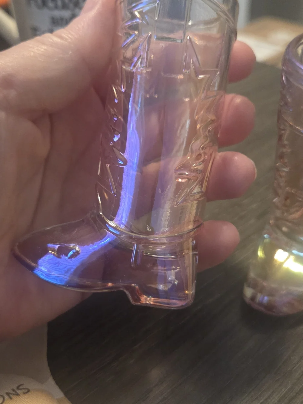 Set Of Two! Iridescent Pink Clear Glass Cowboy Boot Shot Glasses